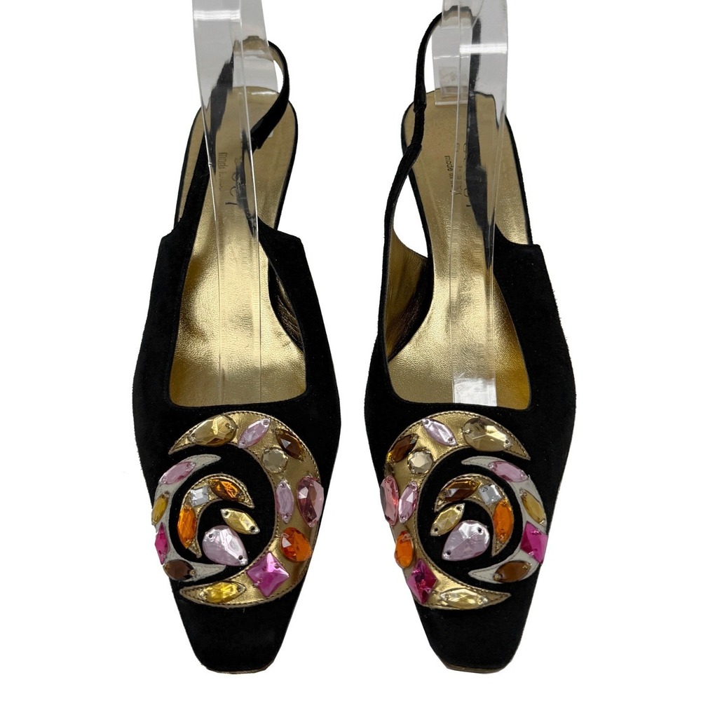 Gucci Black Slingback Kitten Heels Gold Jewel Suede 7B Y2K Tom Ford